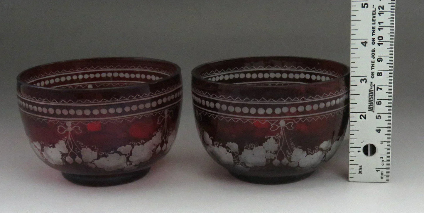 Beautiful Pair Antique Mid 1800s Bohemian Red Ruby Cut Glass Dessert Bowls (5/6)