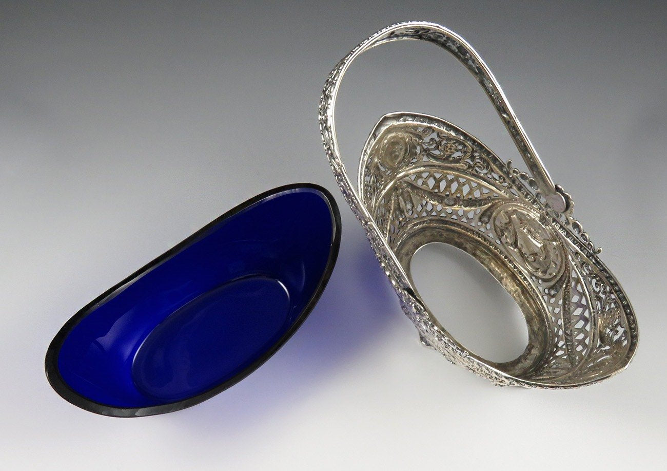 Antique 1890s-1910s Hanau Silver Sauce Basket with Cobalt Blue Glass Liner