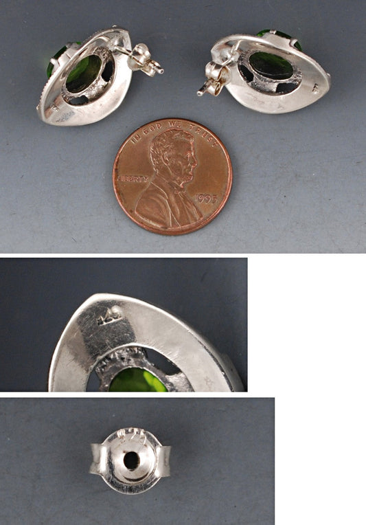 Pair Sterling Silver w/ Genuine Peridot and Marcasite Earrings Pierced