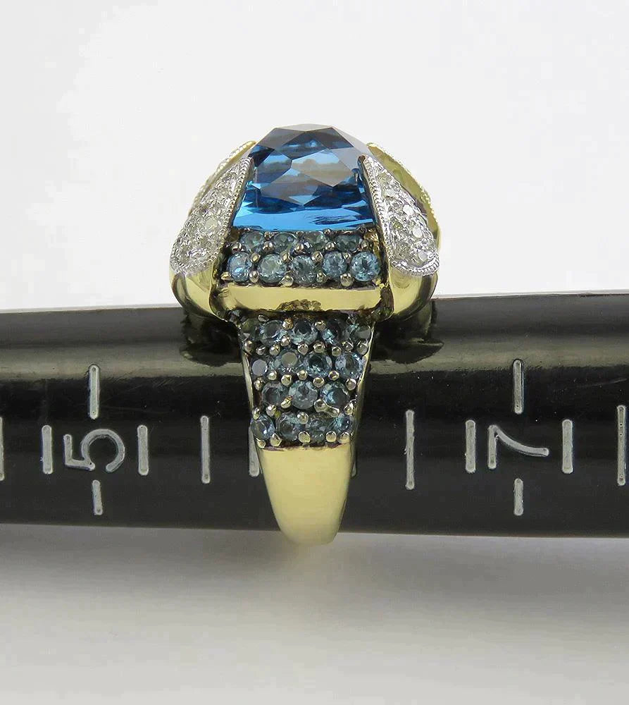 High End 14K Yellow Gold Blue Topaz Gemstone Diamond Cocktail Statement Ring