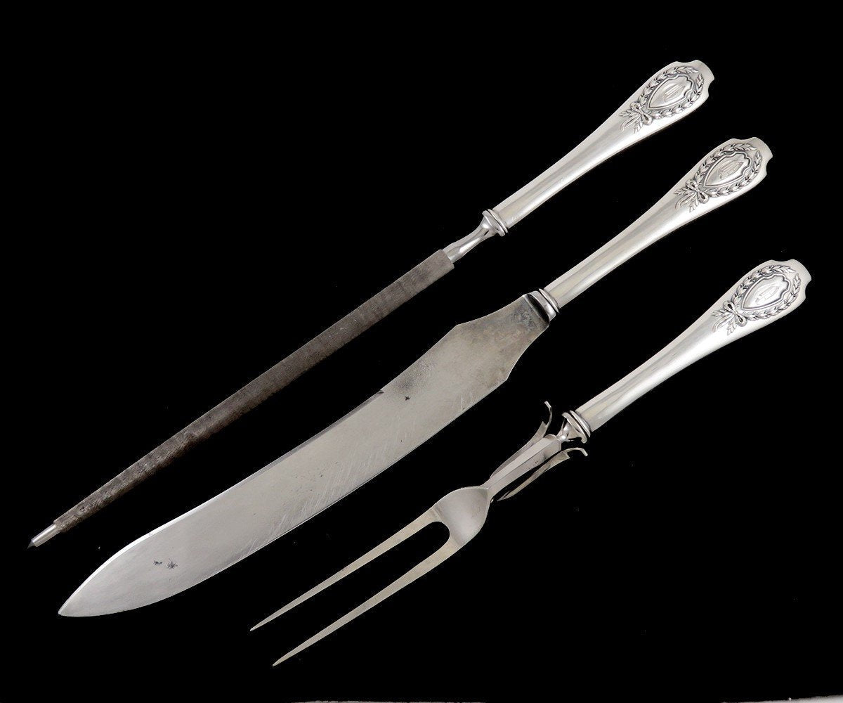 Antique 3pc Sterling Silver Alvin Apollo 1900 Carving Set Knife Sharpener Fork