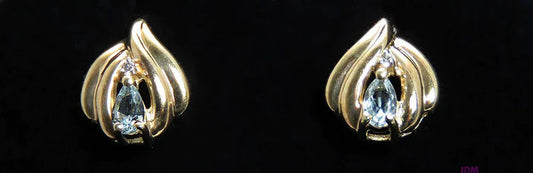 Gorgeous Pair 10k Yellow Gold Blue Topaz & Diamond Stud Earrings