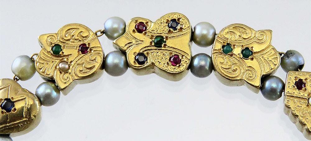 Elegant 14k Gold Multi Gemstone Slide Charm Bracelet Diamond Ruby Sapphire Pearl