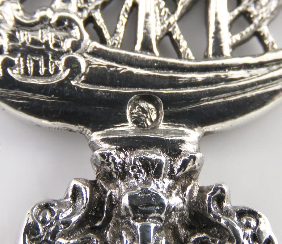 Antique 1902 Dutch Silver Twist Form Brigantine War Ship Boat Serving Spoon