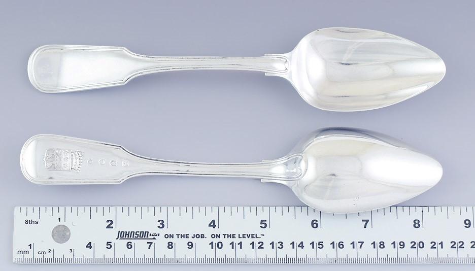 Pair 1873 Dutch Table Serving Oval Soup Spoons 934 Silver w Neat Crest 8.25"