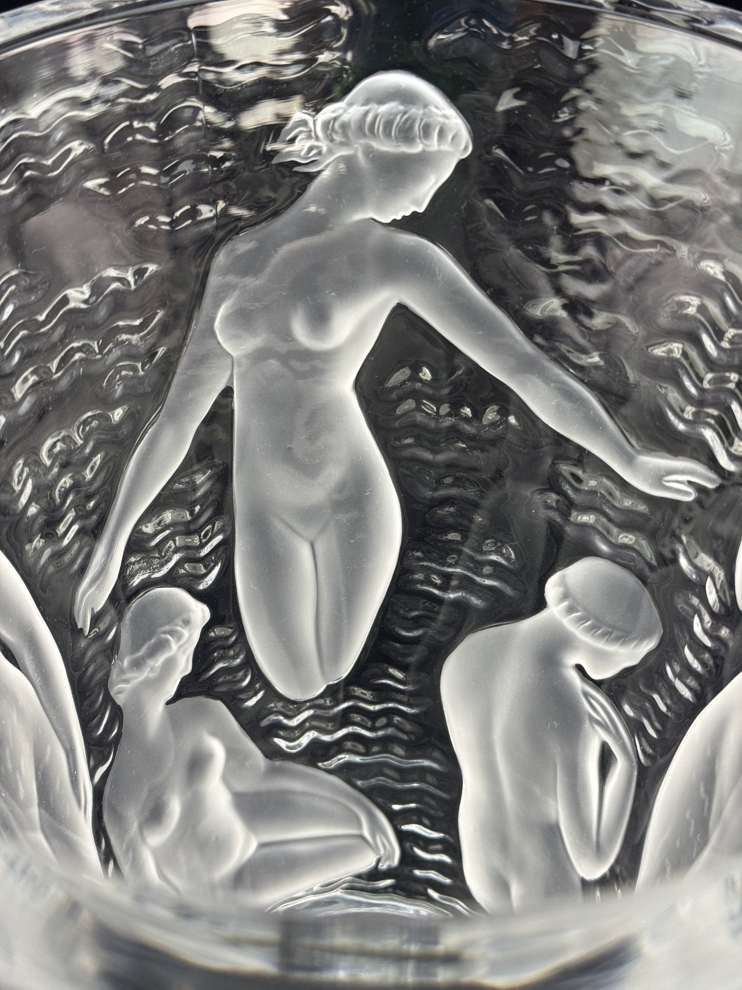 Stunning Signed Lalique Ondines Glass Frosted Nude Water Nymph Bathers 9.5" Vase
