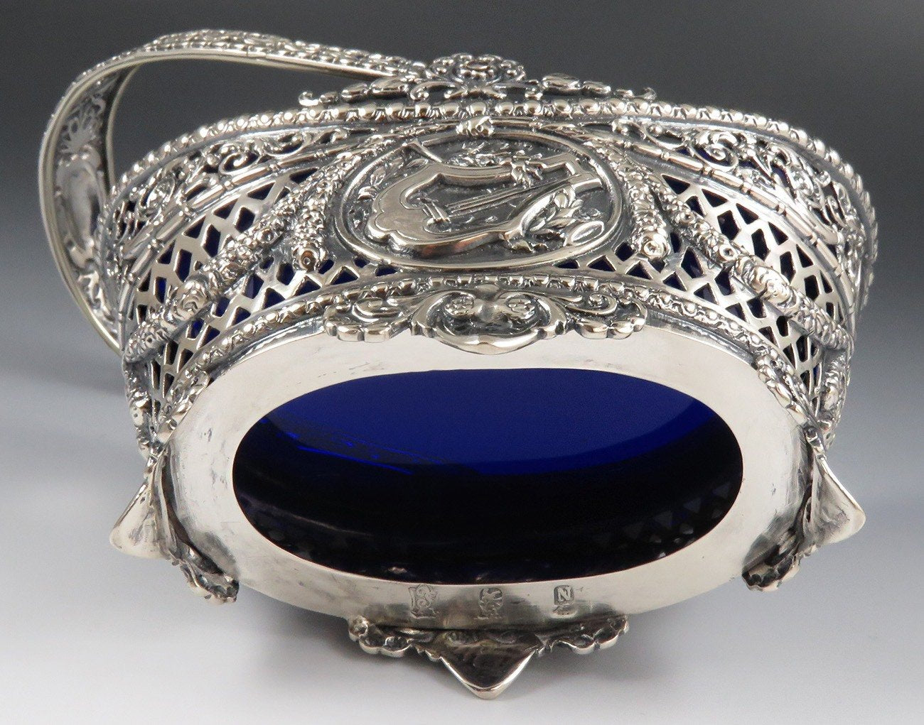 Antique 1890s-1910s Hanau Silver Sauce Basket with Cobalt Blue Glass Liner