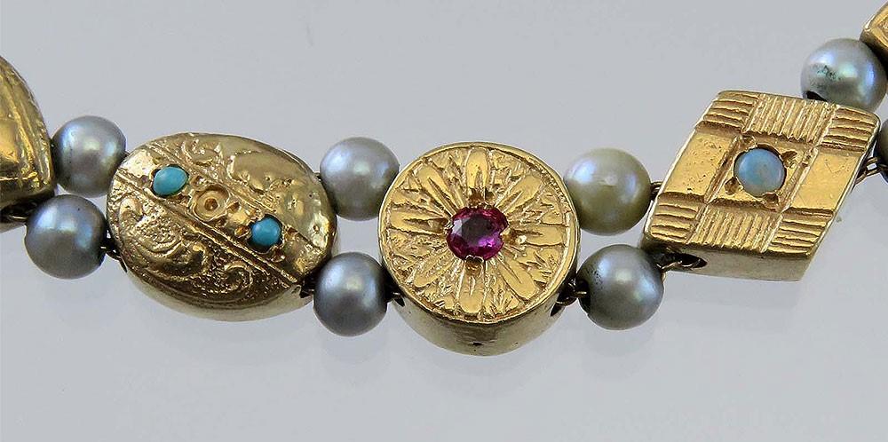 Elegant 14k Gold Multi Gemstone Slide Charm Bracelet Diamond Ruby Sapphire Pearl