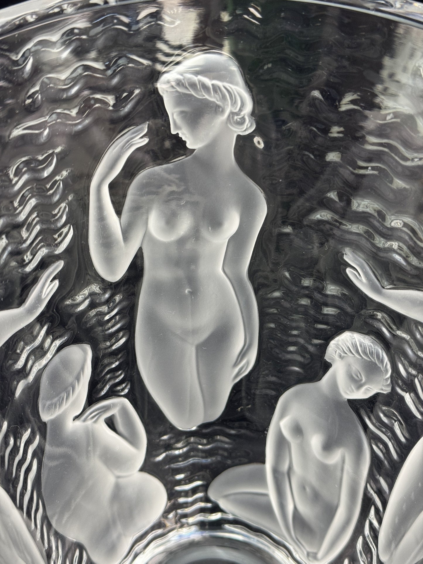 Stunning Signed Lalique Ondines Glass Frosted Nude Water Nymph Bathers 9.5" Vase