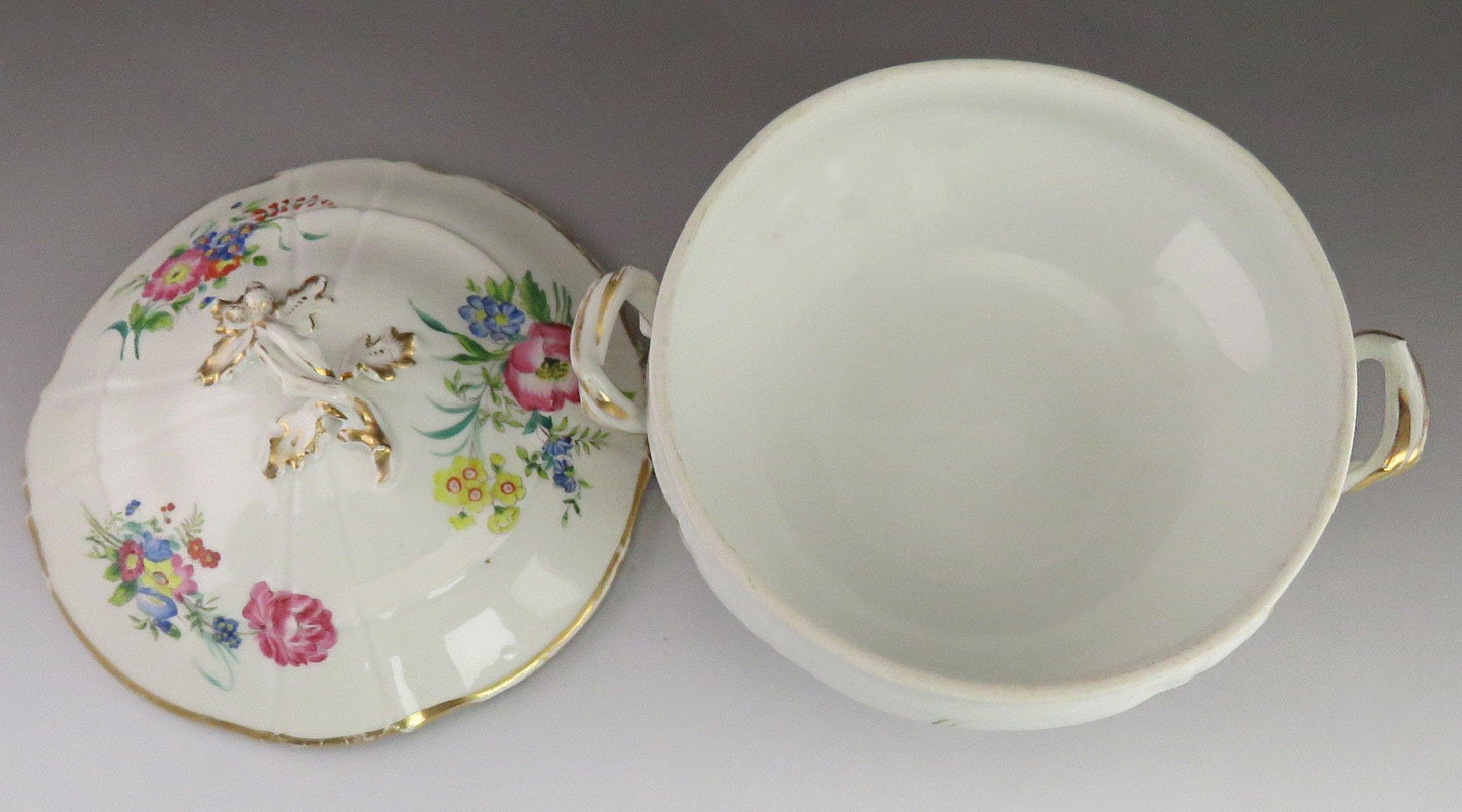 Antique c1850 Paris Porcelain Fine China Gold & Painted Flower Covered Bowl/Dish