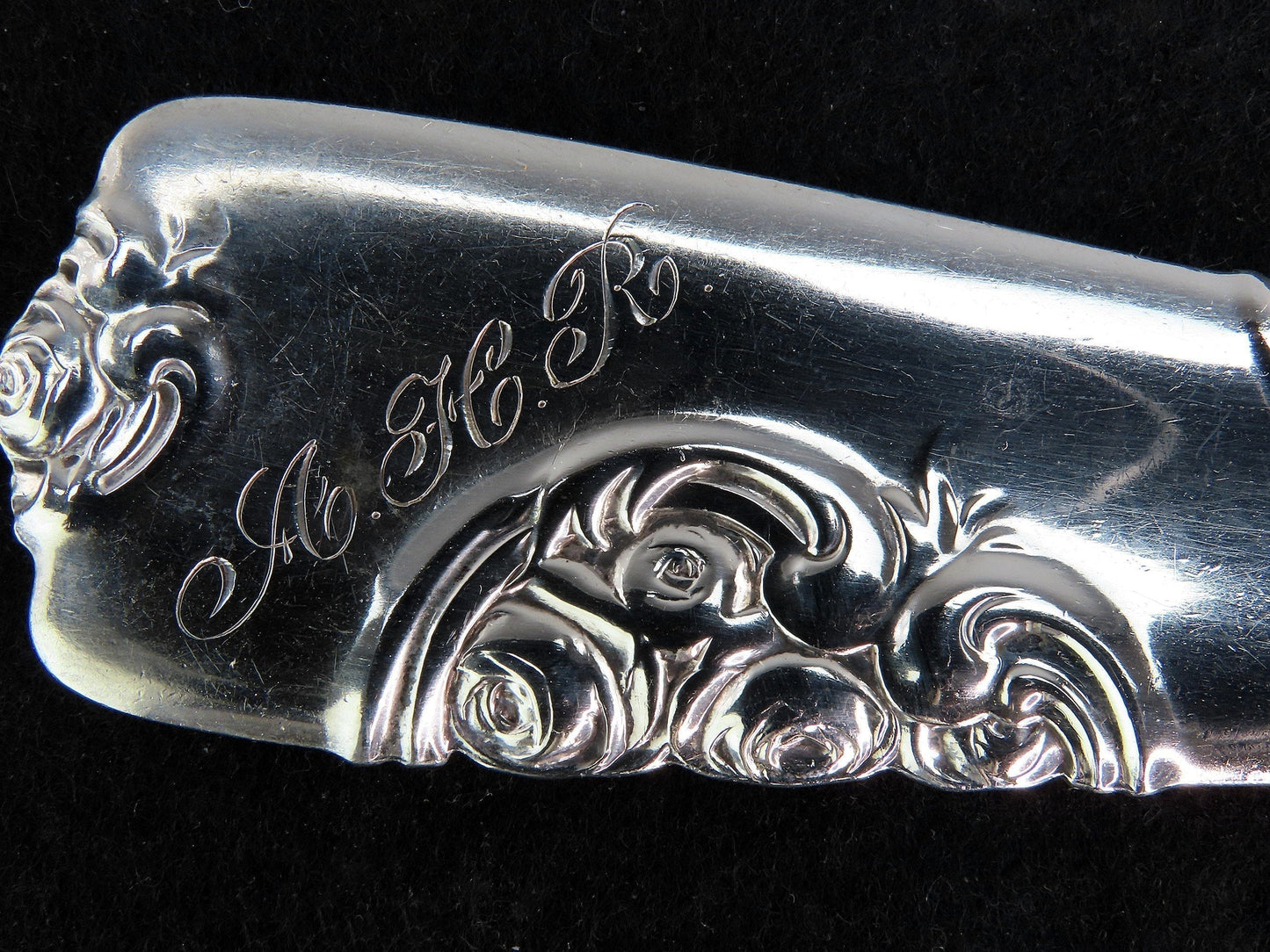 c1880s Whiting Sterling Silver Roses and Scrolls Serving Platter Stuffing Spoon