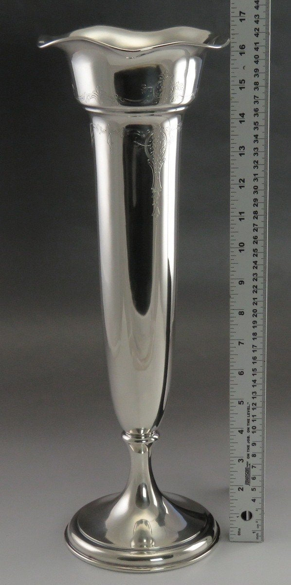 Antique Large Sterling Silver International Hand Engraved Trumpet Vase