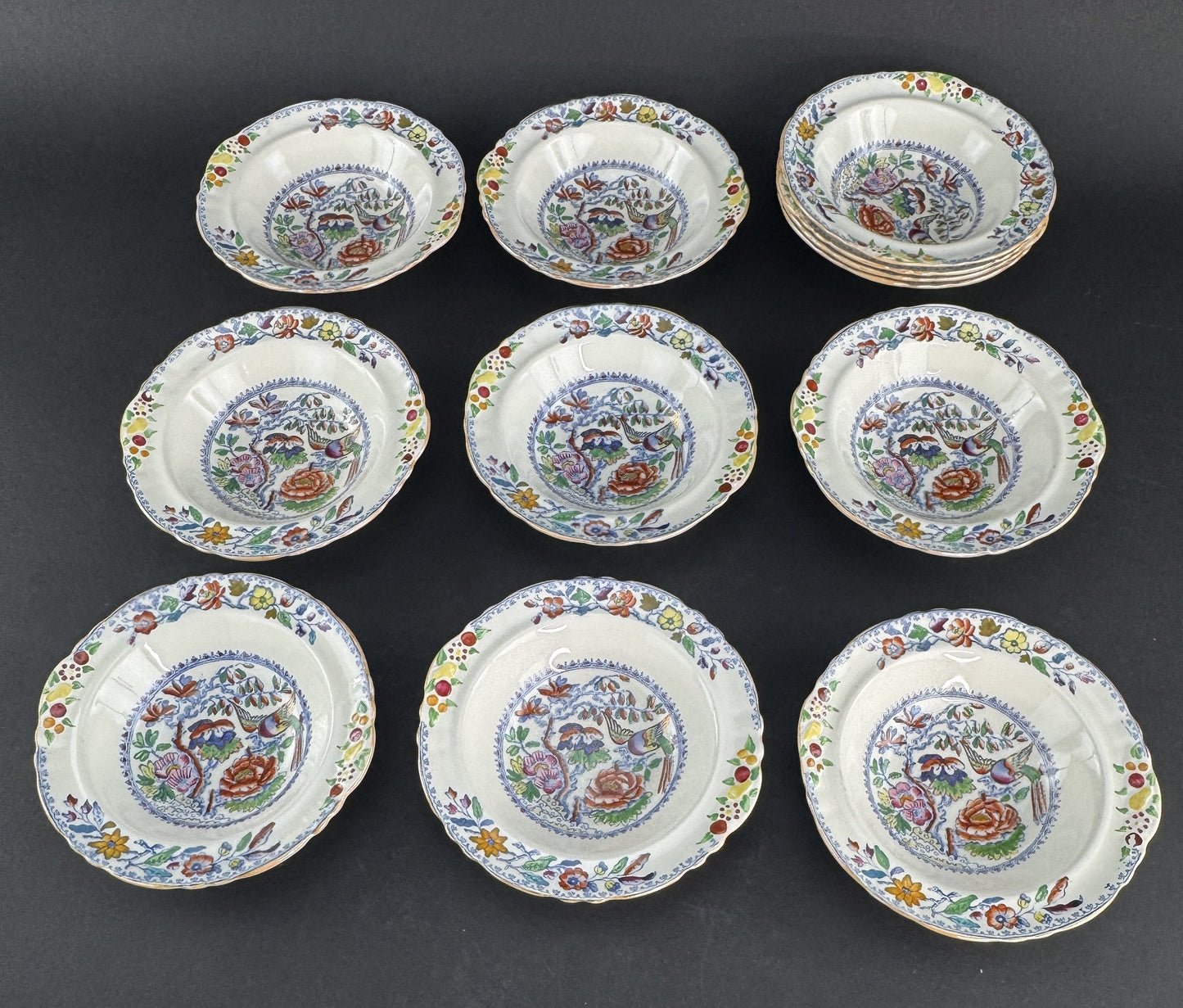 Great Set 12 c1920s Mason's Ironstone China Flying Bird 6.5" Dessert Fruit Bowls