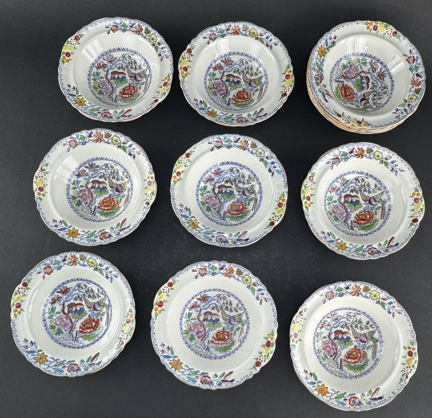 Great Set 12 c1920s Mason's Ironstone China Flying Bird 6.5" Dessert Fruit Bowls