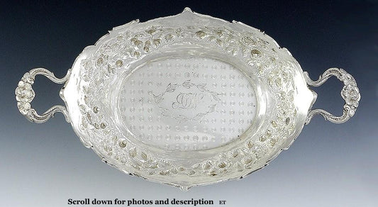 Antique Sterling Silver Repousse Flower 2 Handle Serving Bowl Dish 7 X 9 1/4"
