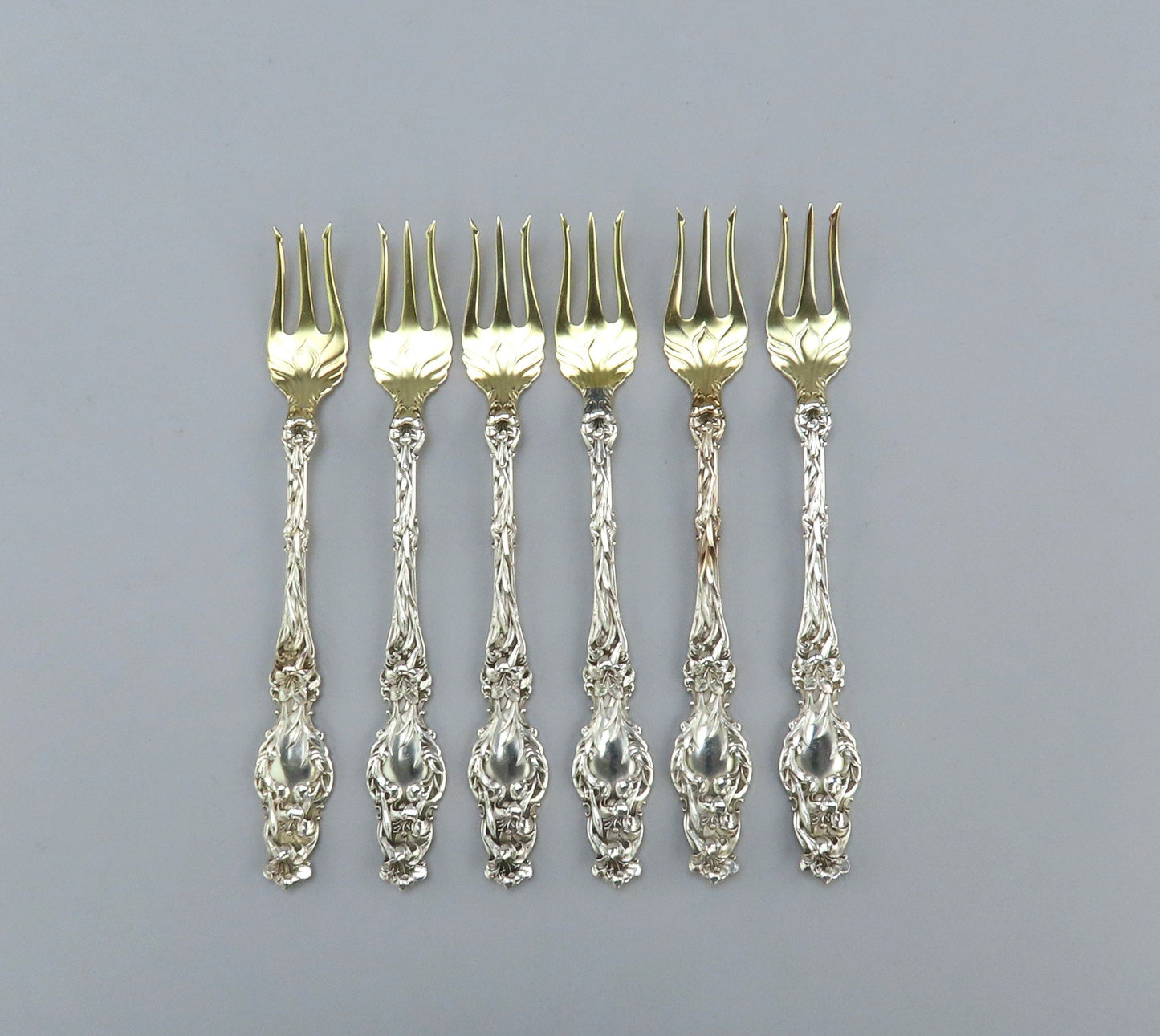 6 Pristine c1902 Whiting Sterling Silver Lily Oyster Cocktail Seafood Forks