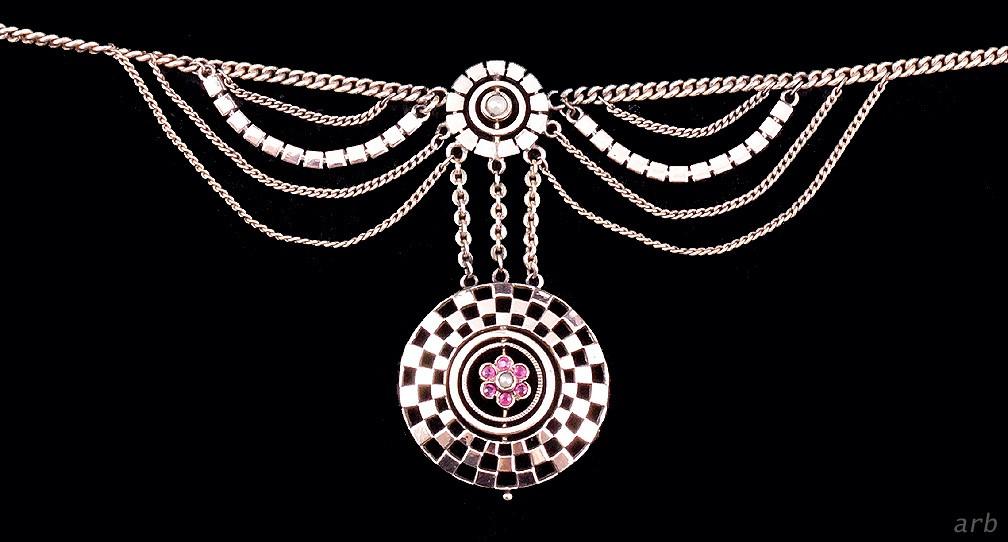 Queenly Old 10k Rose Gold Necklace w/ 6 Red Rubies and Real Seed Pearl Pendant