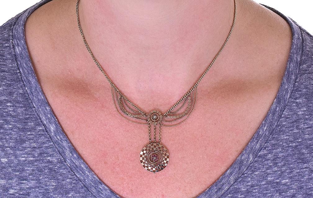 Queenly Old 10k Rose Gold Necklace w/ 6 Red Rubies and Real Seed Pearl Pendant