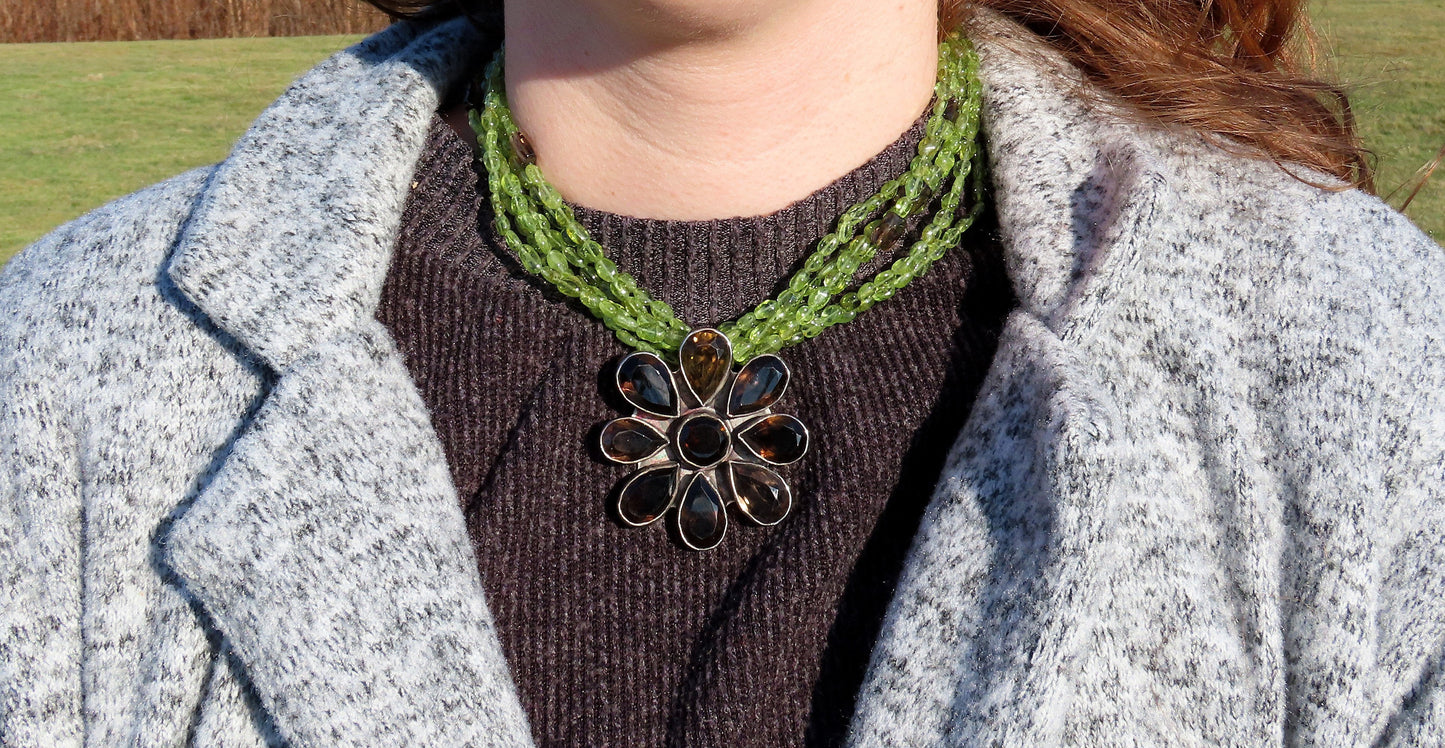 Stylish Sterling Silver Six Strand Peridot Smoky Quartz Flower Pendant Necklace