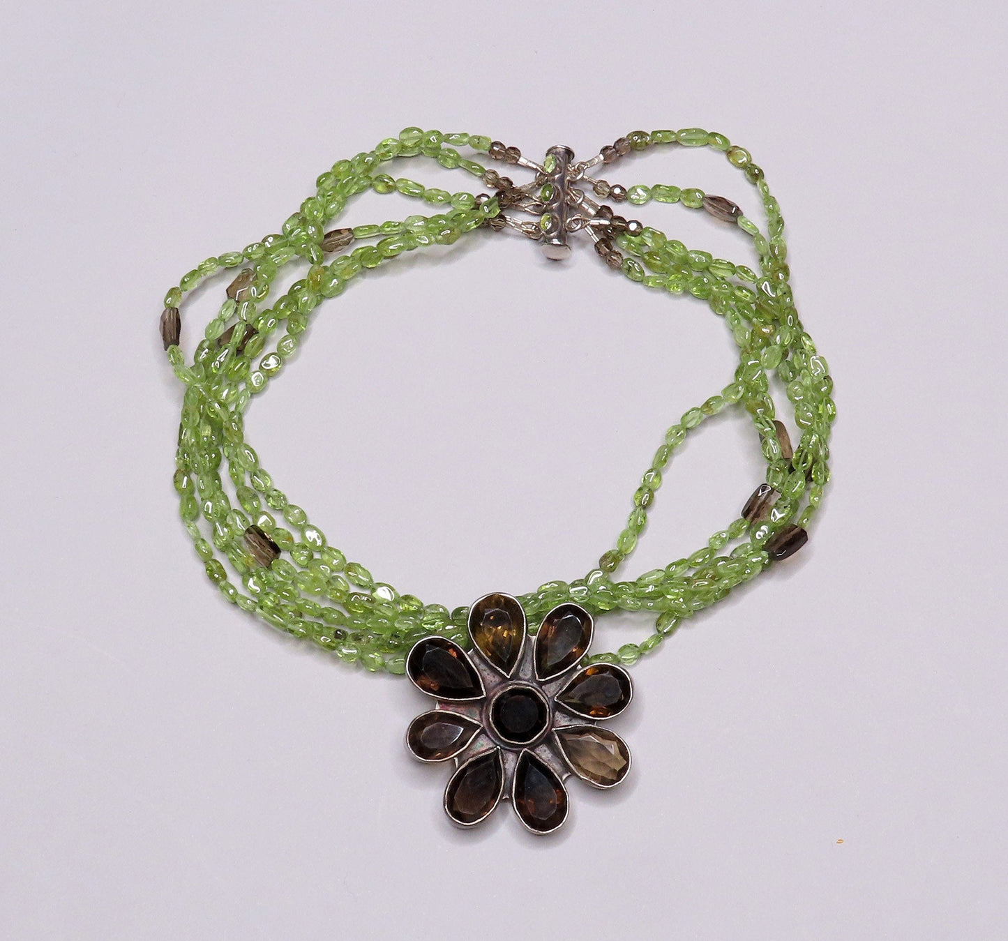 Stylish Sterling Silver Six Strand Peridot Smoky Quartz Flower Pendant Necklace