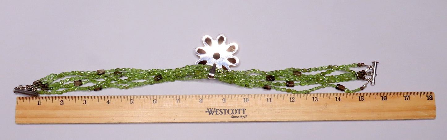 Stylish Sterling Silver Six Strand Peridot Smoky Quartz Flower Pendant Necklace