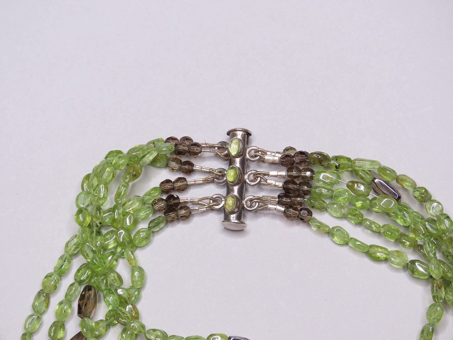 Stylish Sterling Silver Six Strand Peridot Smoky Quartz Flower Pendant Necklace