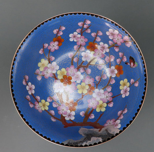 Beautiful Chinese Cloisonne 10" Bowl Prunus Cherry Plum Flowers Butterfly