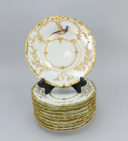 Beautiful Set 10 c1890s French Limoges Tres Vogt Birds Pheasants Gilt 9" Plates
