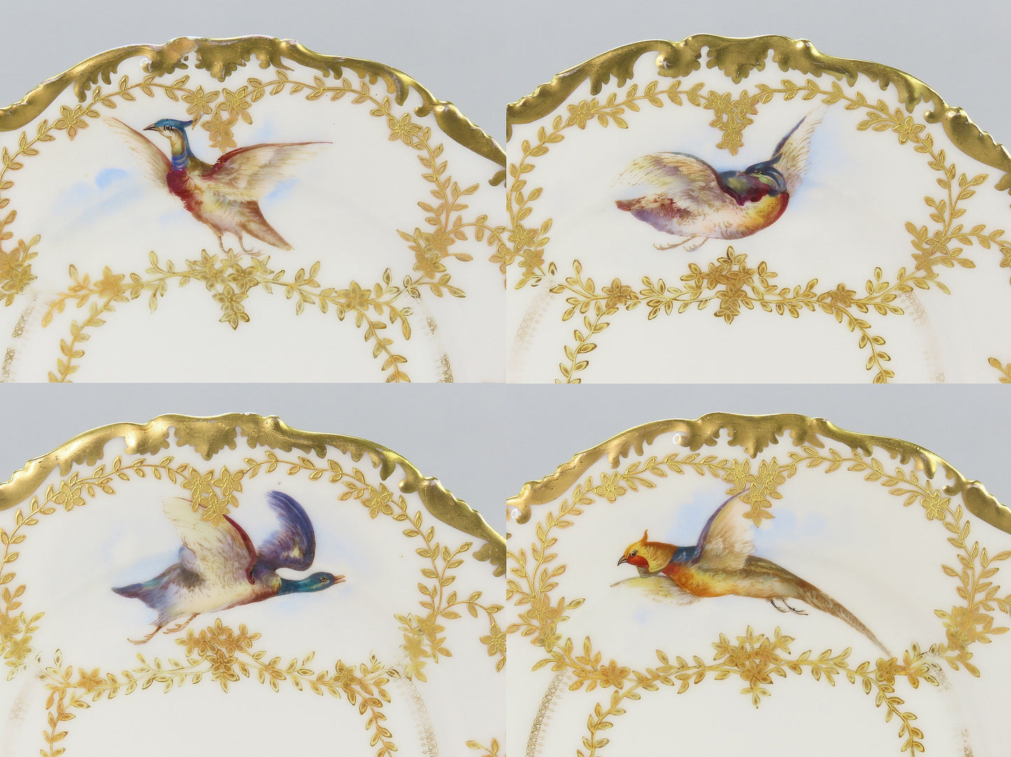 Beautiful Set 10 c1890s French Limoges Tres Vogt Birds Pheasants Gilt 9" Plates
