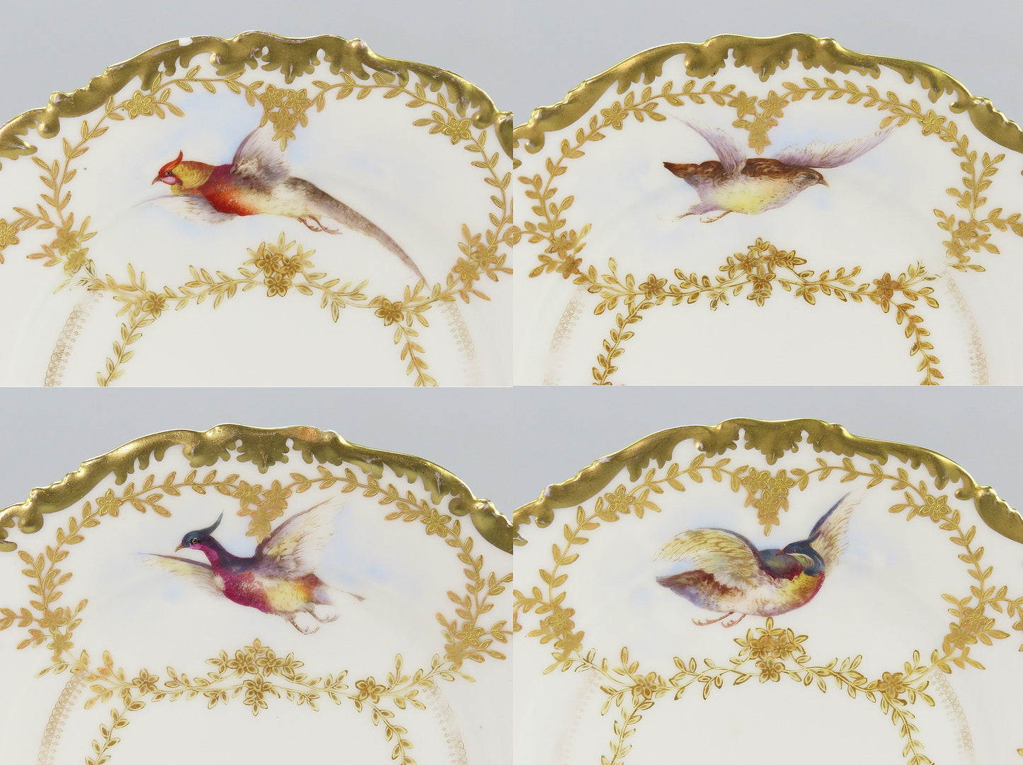 Beautiful Set 10 c1890s French Limoges Tres Vogt Birds Pheasants Gilt 9" Plates