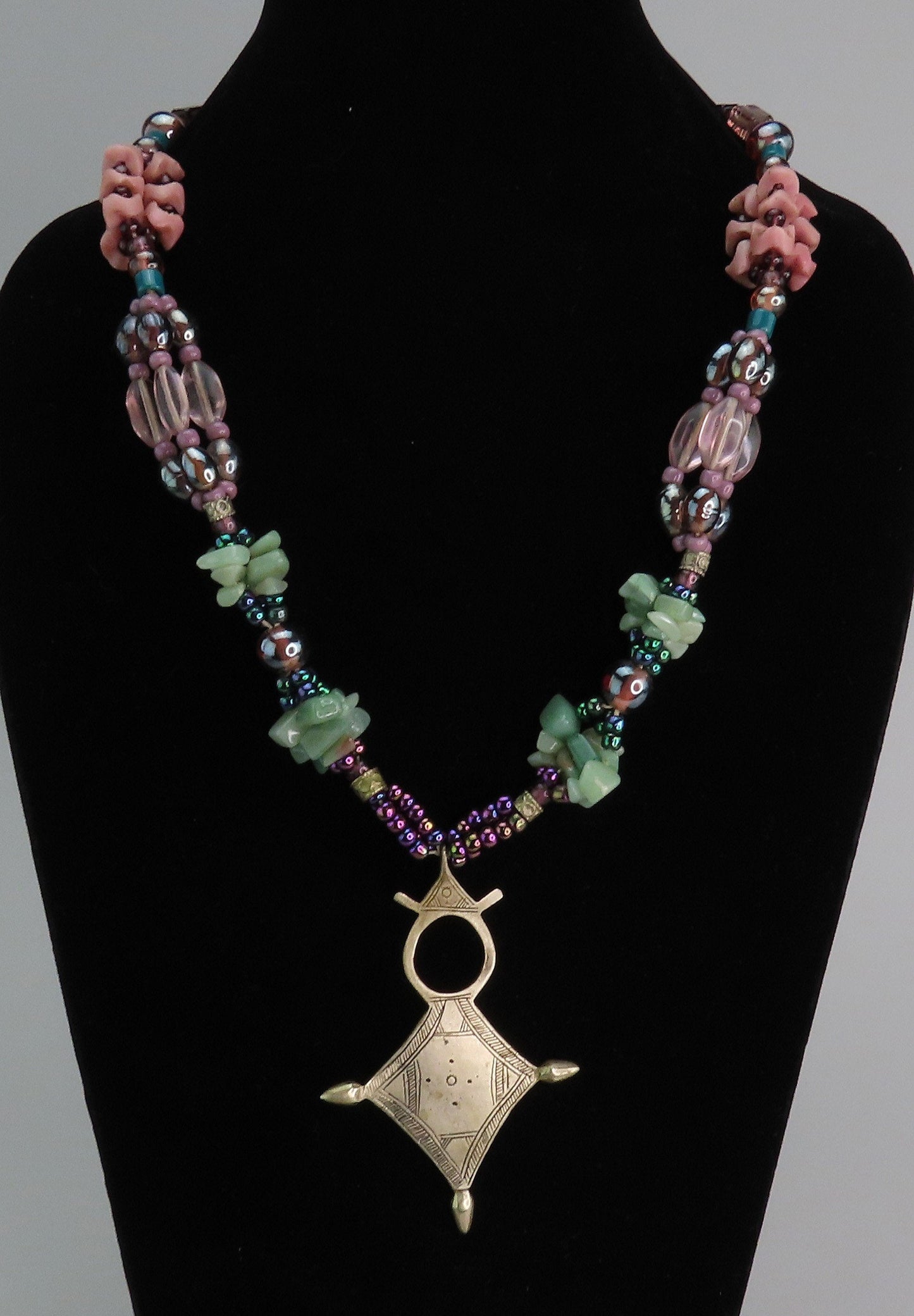 Signed B. Marie Aventurine Coral Beaded Statement Necklace w Tuareg Cross
