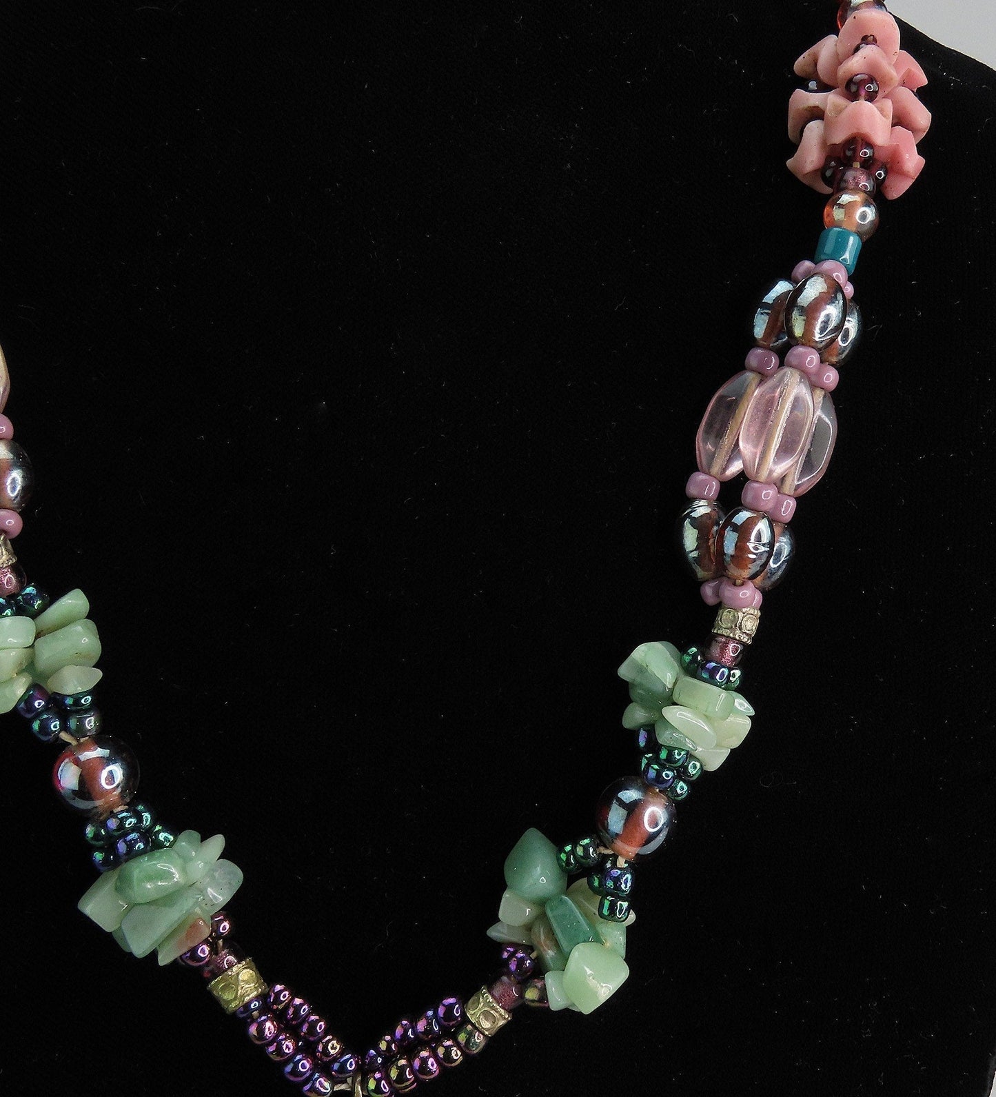 Signed B. Marie Aventurine Coral Beaded Statement Necklace w Tuareg Cross