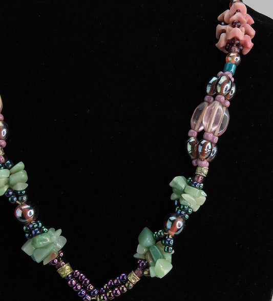 Signed B. Marie Aventurine Coral Beaded Statement Necklace w Tuareg Cross