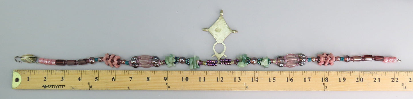 Signed B. Marie Aventurine Coral Beaded Statement Necklace w Tuareg Cross