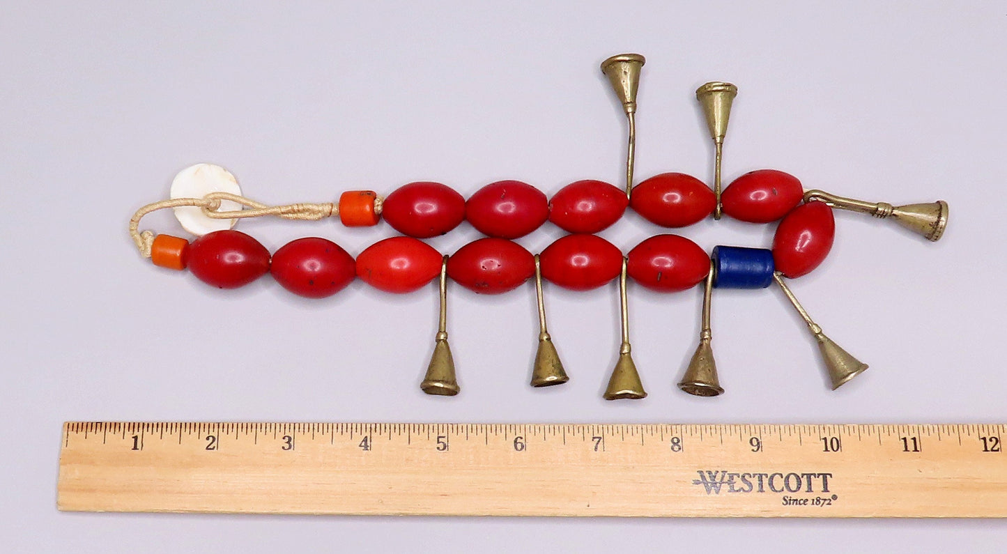 1960s/70s Red Glass Horn Shaped Beaded Necklace Possibly African 20 Inches