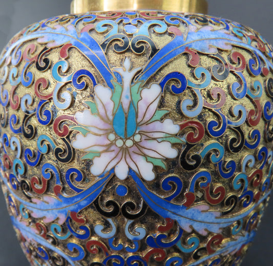 Lovely c1970s Chinese Cloisonné Tea Caddy Blue Scrolls Flowers 6 Inches Tall