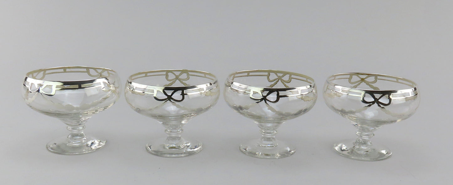 4 Beautiful Glass Sherbet Glasses w/ Sterling Silver Overlay Bows and Garland