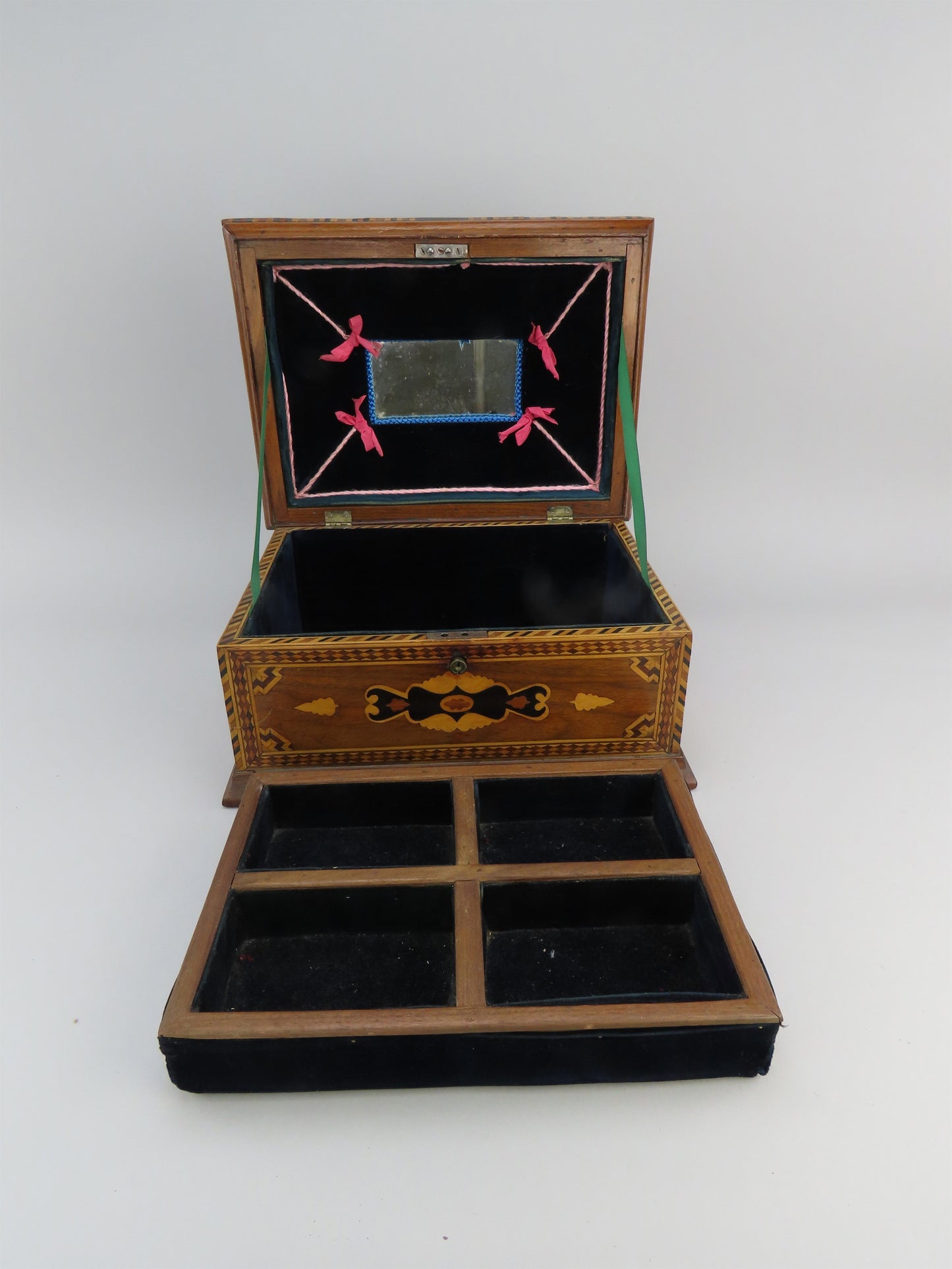 c1860s Rare Marquetry Inlay Sailor's Box Ditty Box Sewing Box w Interior Tray