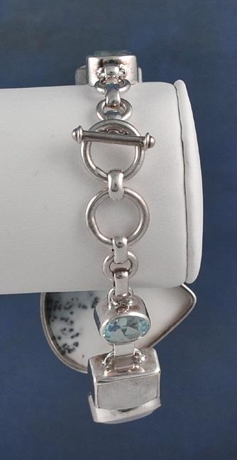 White Moss Agate Topaz Moonstone Sterling Bracelet