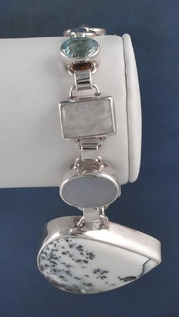 White Moss Agate Topaz Moonstone Sterling Bracelet