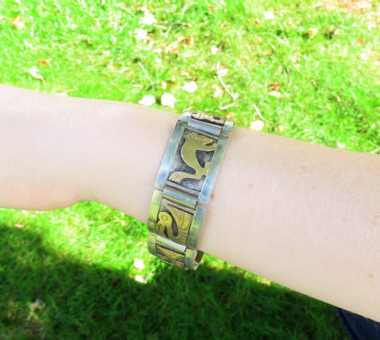 Stylish Peru Sterling Silver 18k Yellow Gold Inca Tribal Animals Bracelet