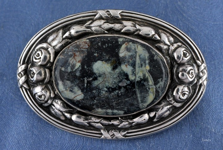 Vintage European Black Jasper Agate Rose 800 Pure Silver Brooch Pin