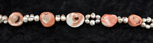 2 pc Set Coral Freshwater Pearl Necklace Bracelet Handmade Long Cross Cut