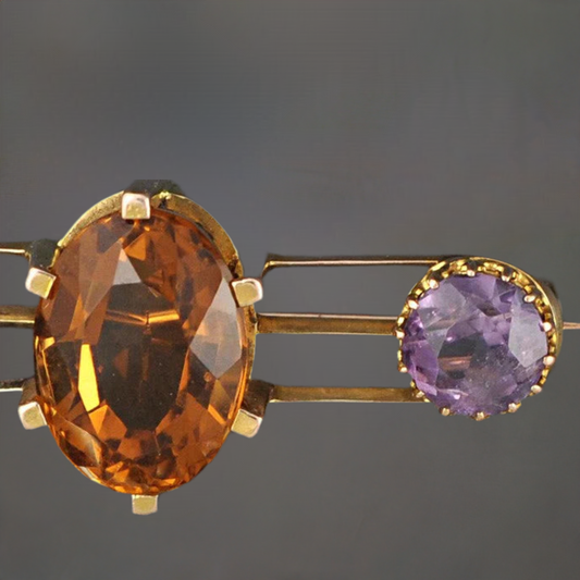 14K Gold American Victorian Citrine and Amethyst Pin