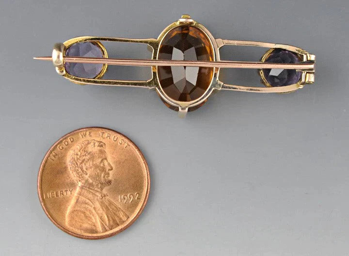 14K Gold American Victorian Citrine and Amethyst Pin