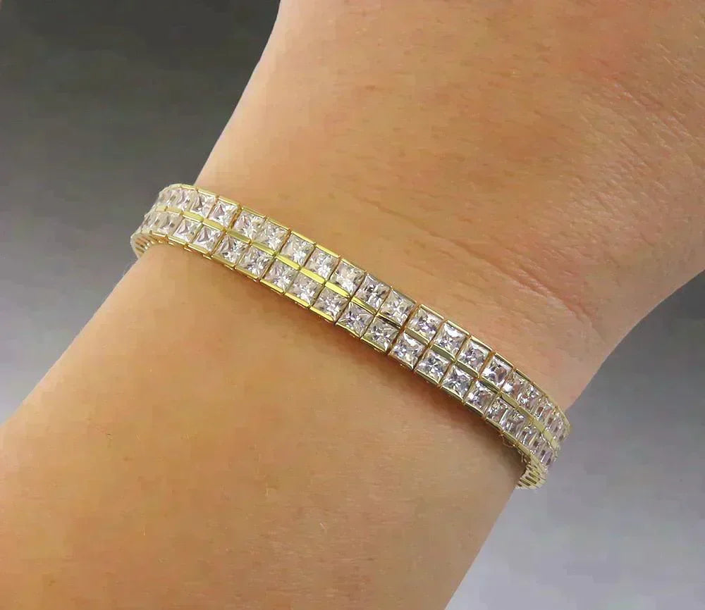 Finest Quality 14K Yellow Gold CZ Double Tennis Bracelet 7"