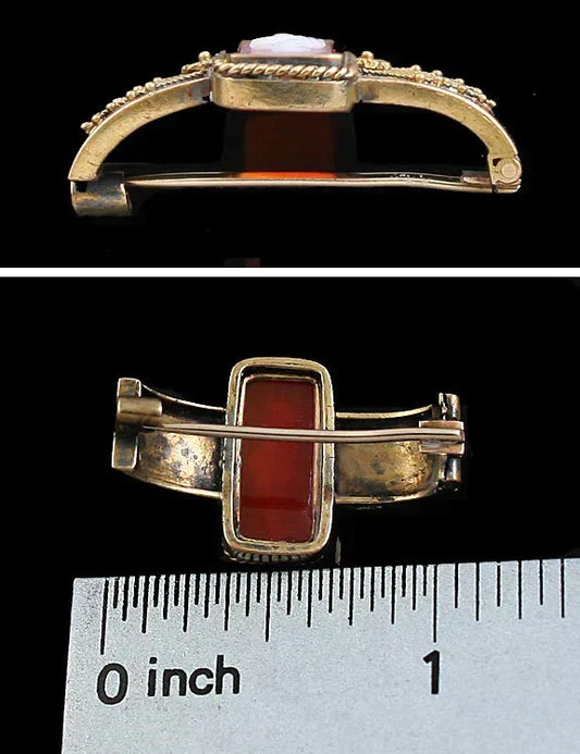 Victorian Etruscan Revival 14k Gold Classical Hardstone Cameo of a Woman Pin