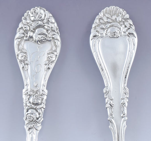 Nice set 5 Durgin Sterling Silver Marechal Niel Large Gumbo Soup Spoons C Mono