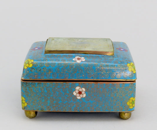 c1890 Chinese Cloisonné Box Blue w/ Flowers Carved Soapstone Top 3 1/2" Long