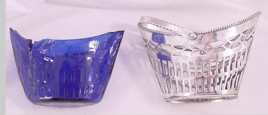 Antique 1790s American Coin Silver Cobalt Blue Glass Basket Bowl/Dish